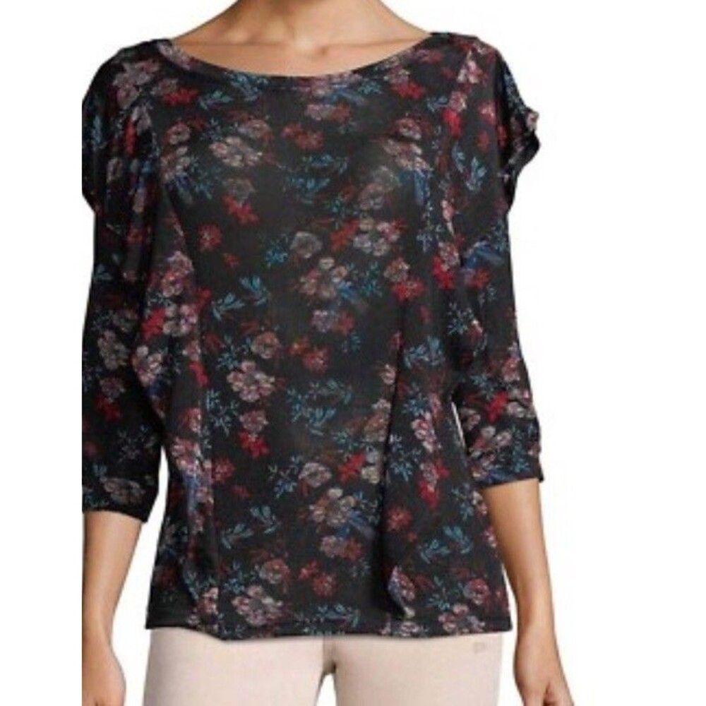 Free People Size S Dock Street Black Floral Silky Shirt
